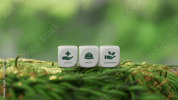 Fototapeta Three dice with health safety and environment icons symbolizing corporate responsibility set against a natural mossy background