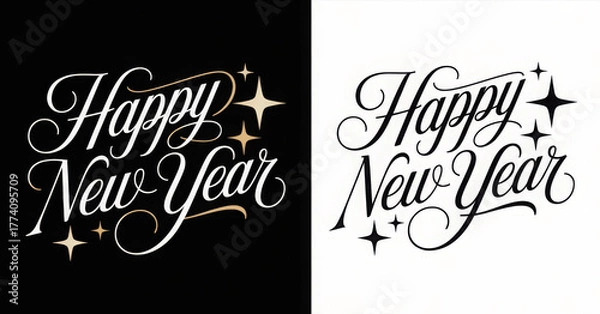 Fototapeta Elegant Happy New Year lettering design decorative typography with stars festive vector illustration for holiday greetings and invitations