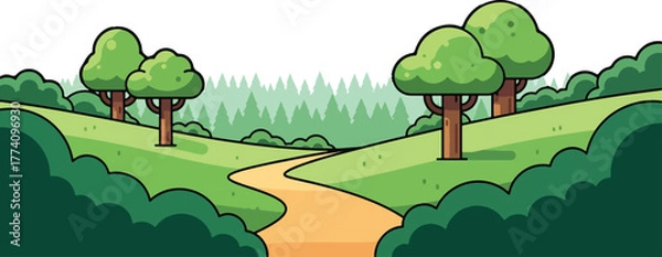 Fototapeta Cartoon landscape with trees, hills, and a winding path under a blue sky with fluffy clouds, creating a peaceful and serene scene