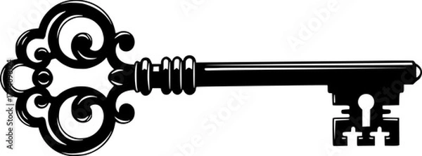 Fototapeta Skeleton key silhouette. This image shows a black silhouette of an ornate, antique skeleton key with intricate details, used for unlocking vintage locks. Vector clipart illustration design.