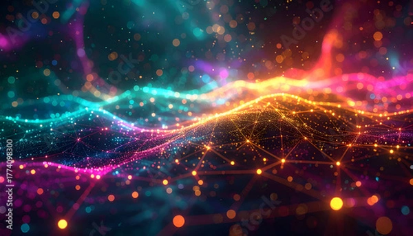 Fototapeta Abstract network pulsating with vibrant colors across a digital landscape, symbolizing connectivity and innovation in a futuristic and energetic scene.