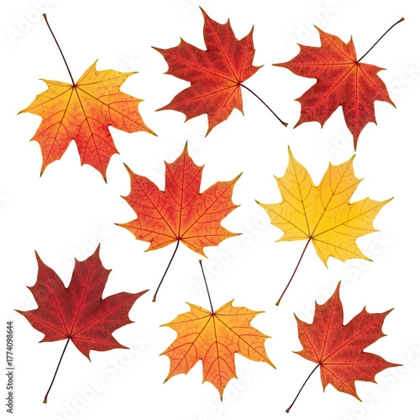 Fototapeta Nine vibrant maple leaves, in warm autumnal hues, arranged on black