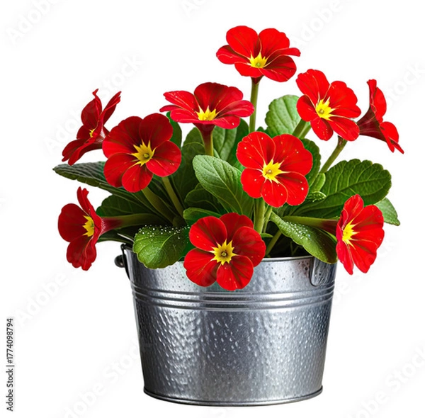 Fototapeta Close-up of potted red primroses with yellow centers and green leaves