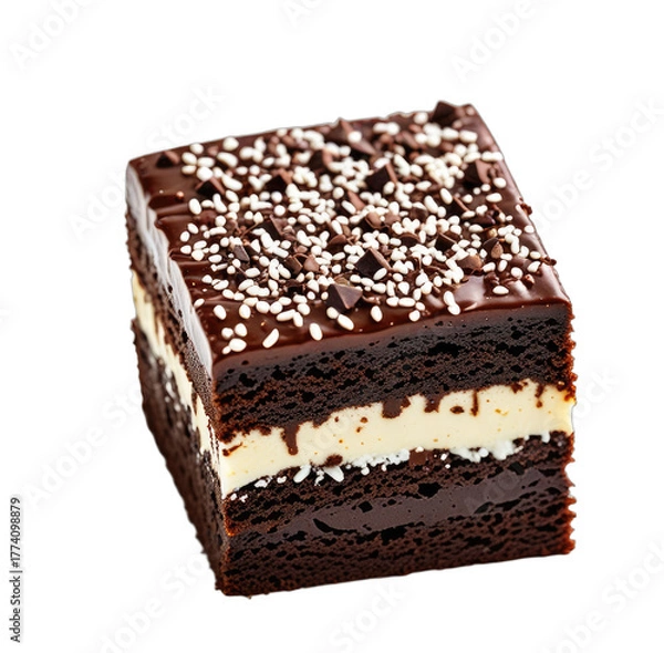 Fototapeta Close-up of layered chocolate dessert with white filling and sprinkles