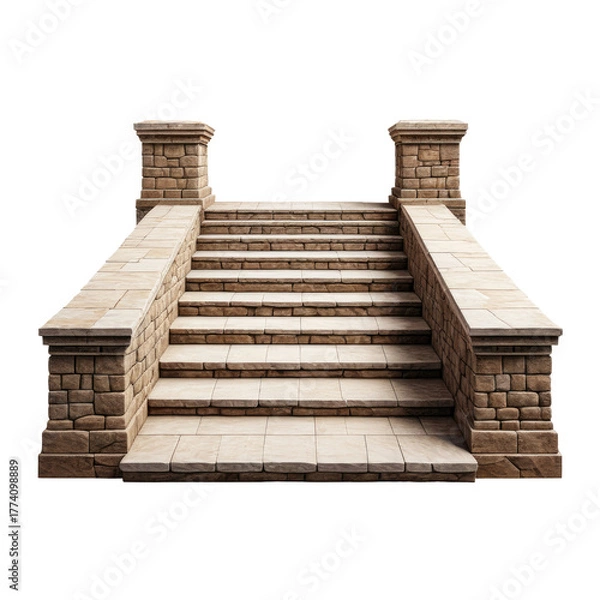 Fototapeta Stone staircase with pillars, leading upwards against a black background
