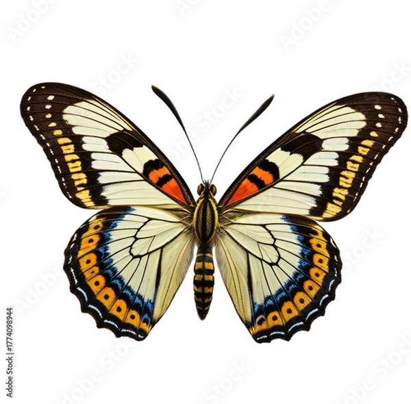 Obraz Butterfly with detailed wings, viewed from above, black background