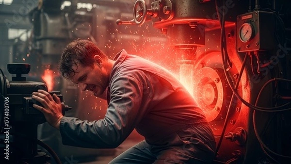Fototapeta A machinist struggles with intense heat and sparks emanating from a heavy industrial machine