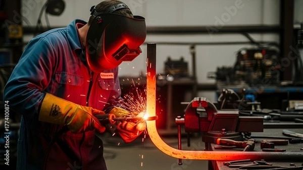 Fototapeta A welder in a workshop uses a welding tool to shape a curved metal bar with protective gear