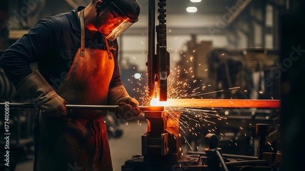 Fototapeta Skilled artisan forging metal with sparks flying in a workshop setting