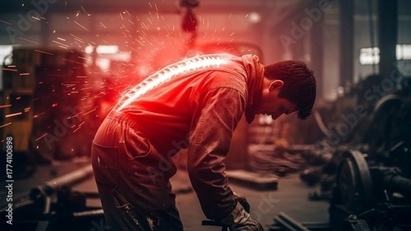 Fototapeta Depiction of industrial worker in pain with highlighted spine and sparks in a dim workshop