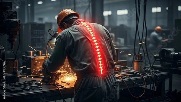 Fototapeta A worker in overalls, orange hardhat with visible spine highlighted in red