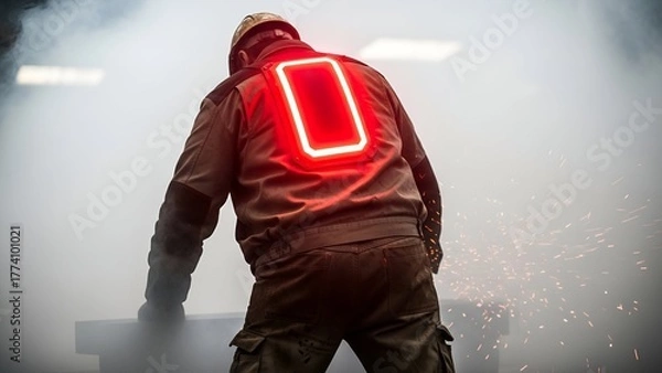 Fototapeta A worker in protective gear, facing away, with a glowing red panel on his back
