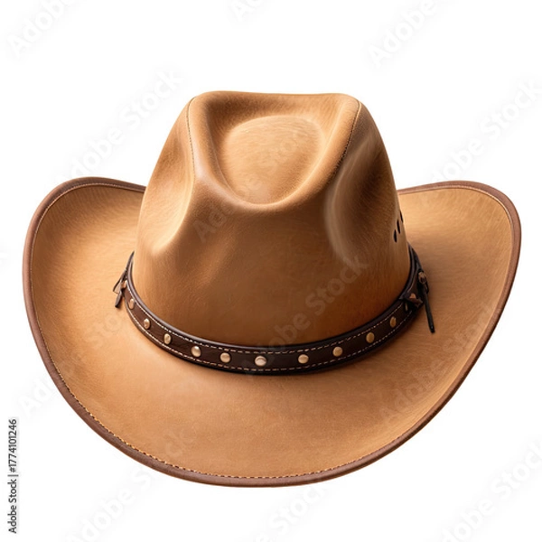 Fototapeta Close-up of a brown leather cowboy hat on a dark background