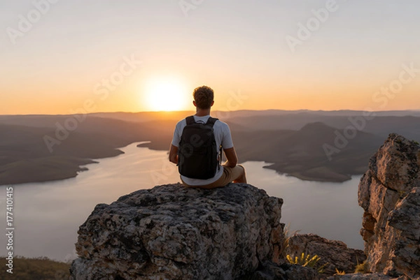 Obraz wanderlust lifestyle, backpacker gazes at horizon on cliff during golden hour, evoking feelings of freedom and adventure in travel scene