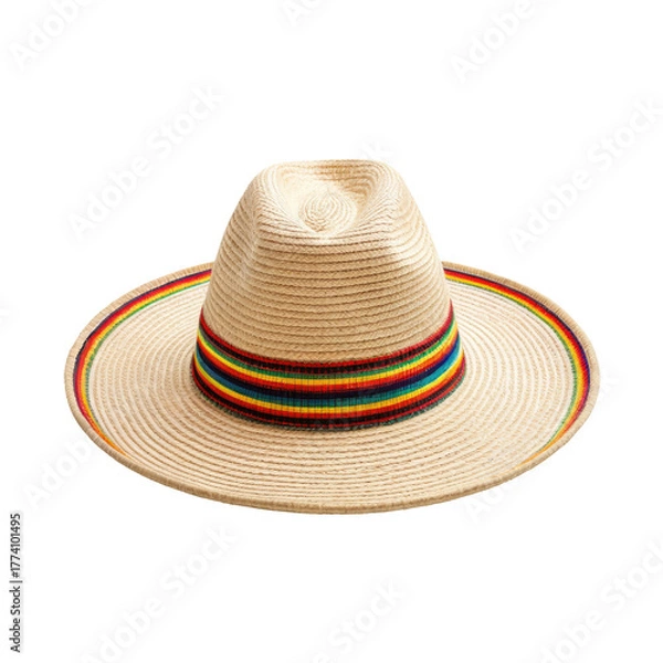 Fototapeta Wide-brimmed straw fedora with a colorful striped band