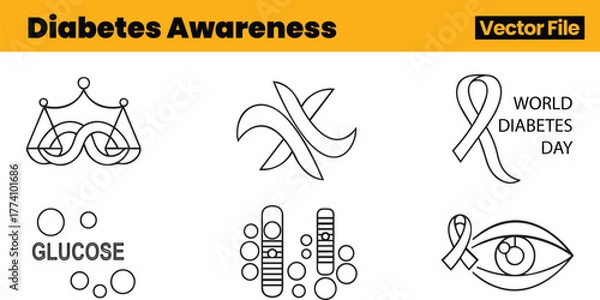Obraz Special Diabetes Awareness Icons Featuring Pancreas, Global Ribbon, Molecules, Test Strips and Eye with Ribbon Symbol for Education and Prevention