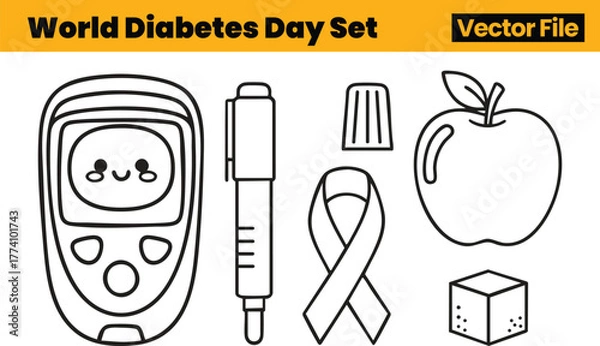Obraz World Diabetes Day Icons Showing Smiling Glucose Meter, Insulin Pen, Test Strip, Ribbon, Apple and Sugar Cube for Global Awareness Messages