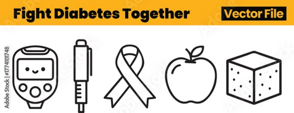 Obraz Unified Diabetes Icons Showing Smiling Glucose Meter, Insulin Pen, Ribbon, Apple and Sugar Cube to Promote Community and Healthy Support
