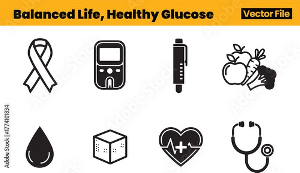 Fototapeta Holistic Diabetes Icons Including Ribbon, Glucose Meter, Insulin Pen, Produce, Heart Pulse, Blood Drop, Sugar Cube and Stethoscope Promoting Balance