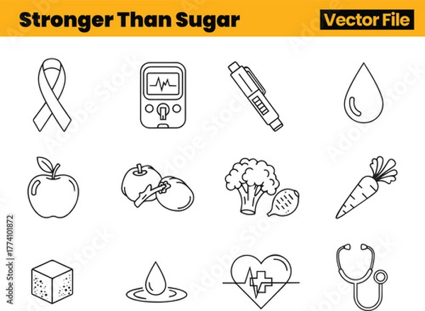 Obraz Healthy Living Icons Featuring Fruits, Vegetables, Glucose Meter, Insulin Pen, Ribbon and Medical Elements Emphasizing Strength and Diabetes Awareness
