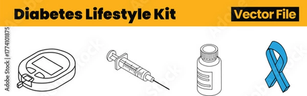 Obraz Daily Diabetes Lifestyle Kit Icons Showing Glucose Meter, Syringe, Medicine Bottle and Awareness Ribbon for Regular Health Management Routine