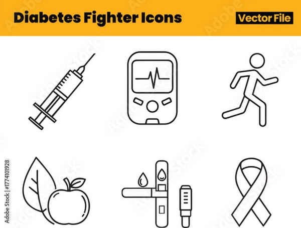 Obraz Active Diabetes Fighter Icon Set with Syringe, Glucose Meter, Running Symbol, Apple, Test Strip and Awareness Ribbon for Determined Health Management