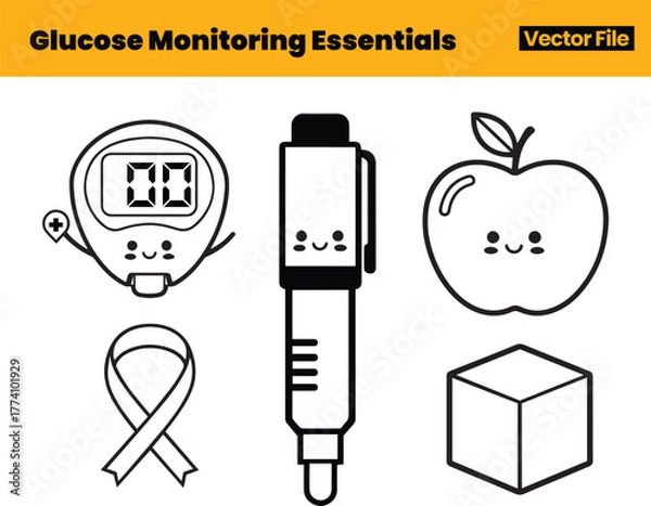 Fototapeta Friendly Diabetes Monitoring Icons Featuring Smiling Glucose Meter, Lancet, Apple, Awareness Ribbon, and Sugar Cube for Positive Health Awareness Visuals