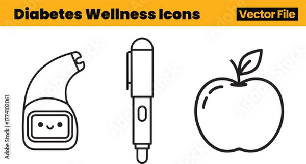 Obraz Diabetes Wellness Icons Depicting Smiling Monitoring Device, Nutritious Apple and Insulin Pen Illustrating Balanced Health Management Routine
