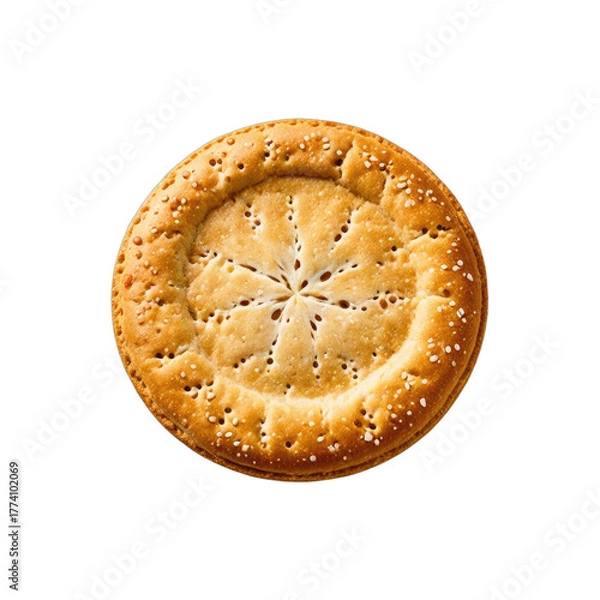 Fototapeta A top-down view of round flatbread with decorative cuts and grains