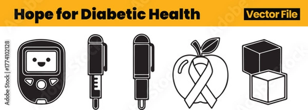 Obraz Hopeful Diabetes Health Icons Including Smiling Glucose Meter, Sweet Fruit, Lancet Devices and Sugar Cubes Promoting Positive Medical Outlook
