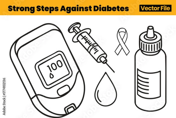 Obraz Strong Diabetes Action Icons Featuring Glucose Meter, Syringe, Awareness Ribbon, Medicine Bottle and Blood Drop Supporting Proactive Care