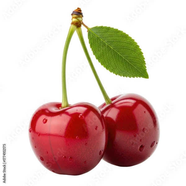 Fototapeta Close-up of two ripe cherries with green stem and leaf against black background