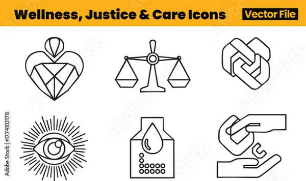 Obraz Wellness and Justice Icons Emphasizing Emotional Support, Awareness, Hydration, Fairness and Medical Care Through Symbolic Human-Centered Visual Motifs