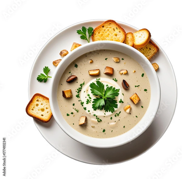 Fototapeta Creamy mushroom soup, topped with parsley and croutons