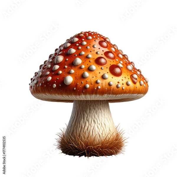 Fototapeta Digitally created vibrant mushroom with a spotted, orange cap