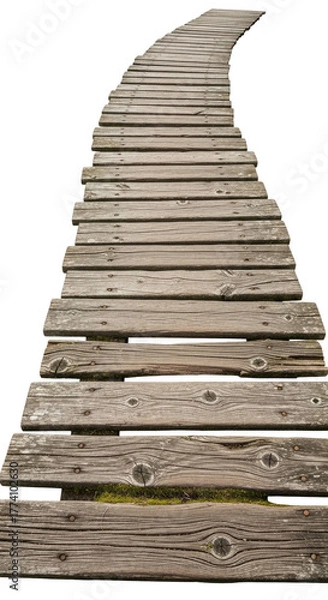 Fototapeta Overhead perspective of a weathered wooden boardwalk curving into the distance