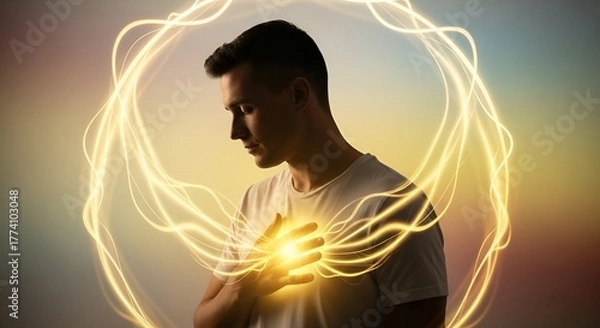 Obraz A man in a white tee, heart glow surrounded by a bright, golden energy halo