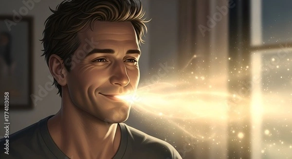 Obraz A smiling man, light emanating from his mouth, indoors, portrait, daytime, natural light