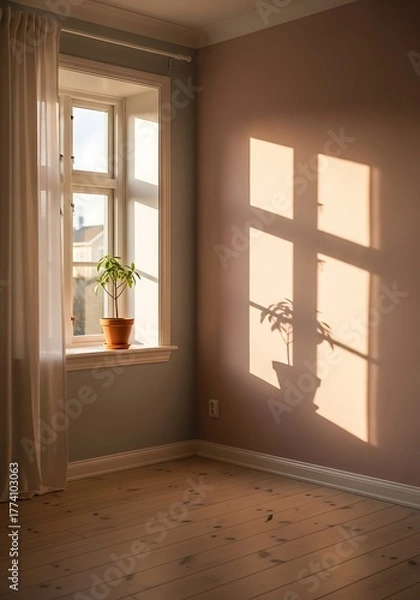 Obraz Ethereal ambiance indoor space with potted plant illuminated by sunlight