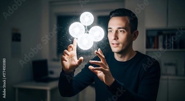 Obraz Man interacting with glowing spheres, concept of science, technology, virtual world, or visualization