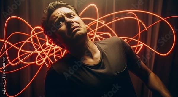 Obraz A man is depicted looking scared, with swirling, red light trails surrounding him
