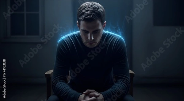 Obraz A man sits, head bowed, surrounded by ethereal blue energy, in a dimly lit room