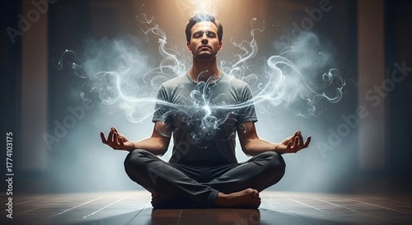 Obraz A person meditating in the lotus position, radiating light and ethereal energy, eyes closed