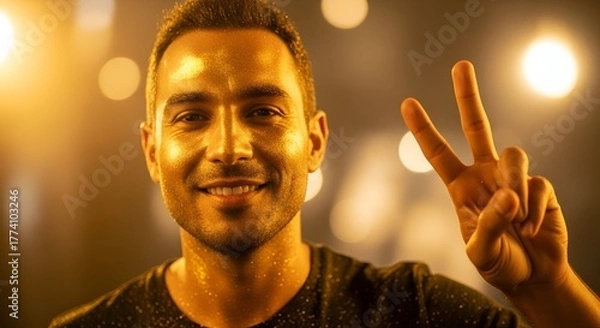 Obraz A smiling person extends two fingers upward, lit by warm lights with a blurred background