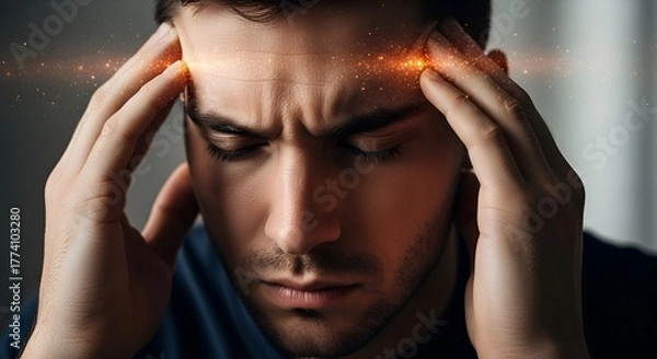 Obraz Close-up of a man holding his head in pain with glowing lines indicating stress