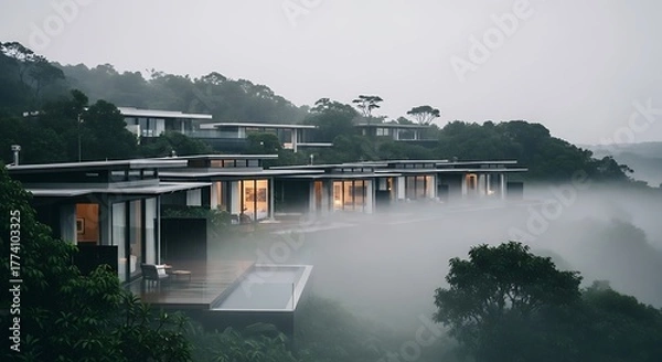 Obraz Serene resort nestling amidst the clouds in misty mountainside luxury