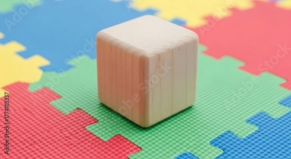 Obraz Simple wooden cube standing on vibrant jigsaw flooring, close up view