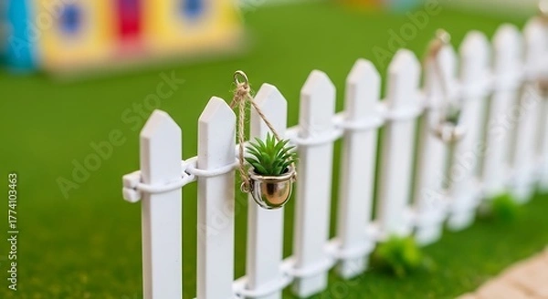 Fototapeta Miniature white picket fence with potted plants, rustic charm decor