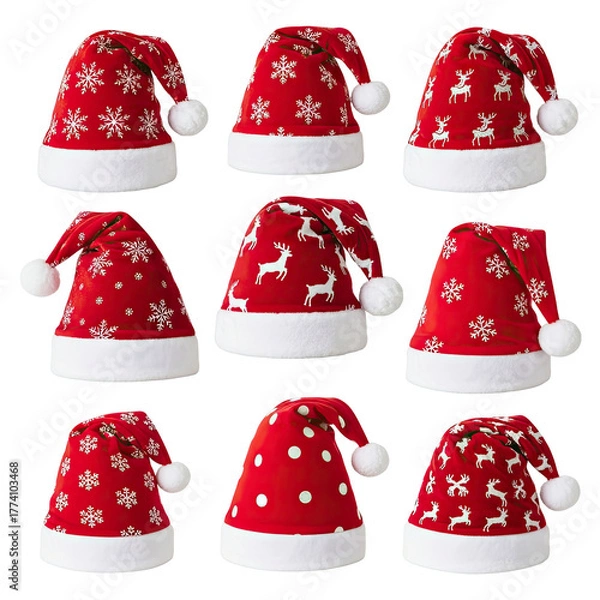 Fototapeta Nine festive red Santa hats with white trim and various holiday designs