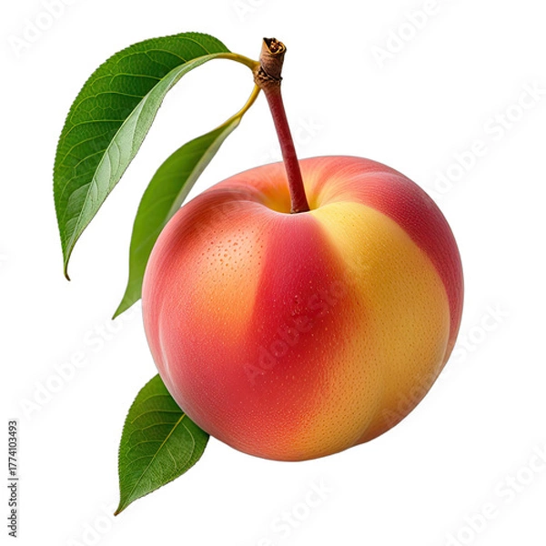 Fototapeta Close-up of ripe nectarine fruit, red and yellow, with green leaves on branch